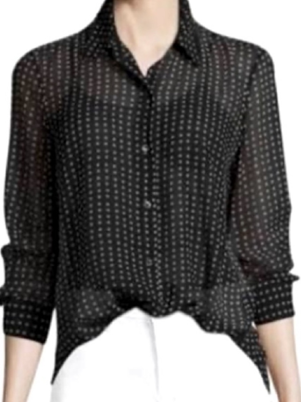 Theory Sunaya Silk Black Sheer Polka Dot Button-Down Blouse